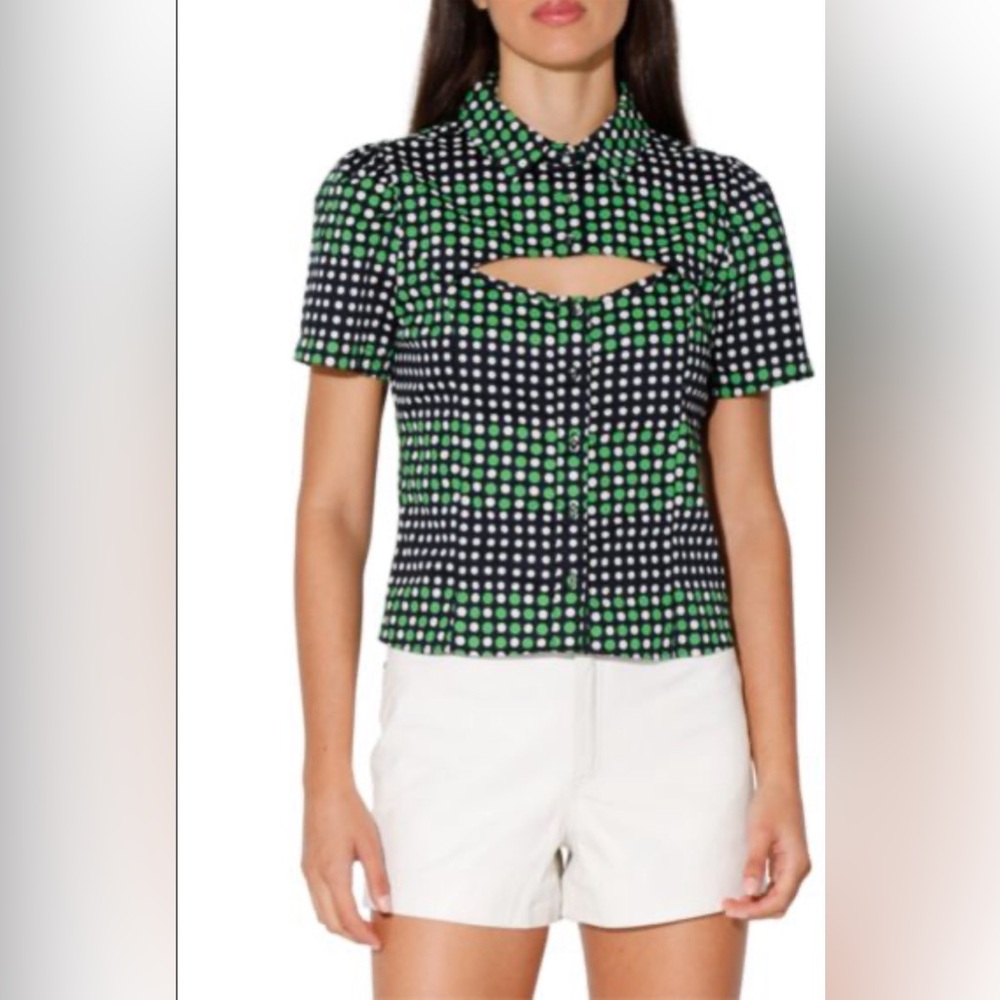 WALTER BAKER Trisha Dotted Keyhole Sateen Top Color Green White Size L